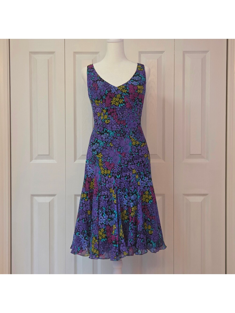 Purple Floral 90s A-line Silk Dress Size M / PL Y2K Retro Ruffle Hem Going Out